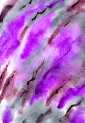 Fototapeta na wymiar Abstract diagonal watercolor background in bright purple colors, stripes and blurry scenic spots.