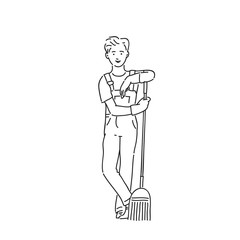 Service personnel janitor man in professional uniform broom in hand. Line art style character vector black white isolated illustration.
