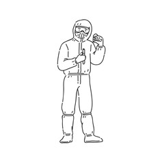 Chemist man in professional protection uniform. Line art style character vector black white isolated illustration.
