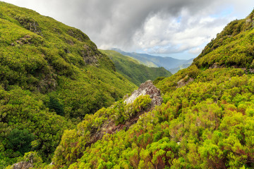 Fototapeta na wymiar Beautiful landscape view of the mountains in nature on the green island Madeira, during a hike on 25 Fontes trail along a famous levada
