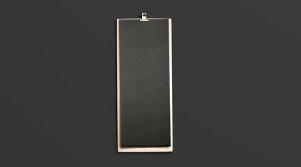 Blank black cafe menu, wooden board mock up, 4 inch, top view, 3d rendering. Empty wooden clipboard with dark paper sheet mockup isolated. Clear restaurant or bar white carte template.