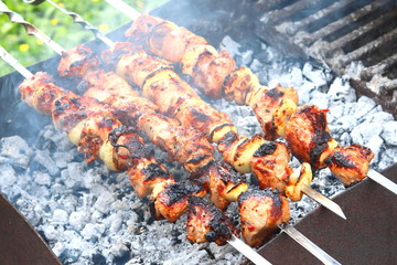 Barbecue skewers with juicy appetizing delicious meat closeup