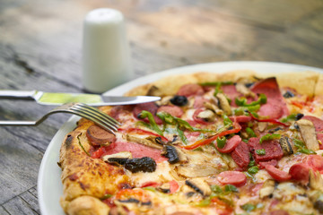 Delicious pizza served on porcelain plate
