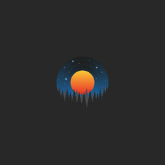 Landscape illustration of a night sky with stars and a red full moon on a background of dark forest, creative print for a t-shirt.