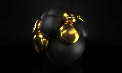Abstract black and golden realistic spheres background close up. Backdrop of soft metall balls. Golden and black bubbles. Jewelry cover concept. 3d rendering. Decoration element for poster design.