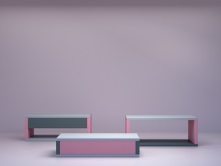 Minimal scene with podium and abstract background. Geometric shape. Pastel colors scene. Minimal 3d rendering. Scene with geometrical forms and pink background. 3d render. 