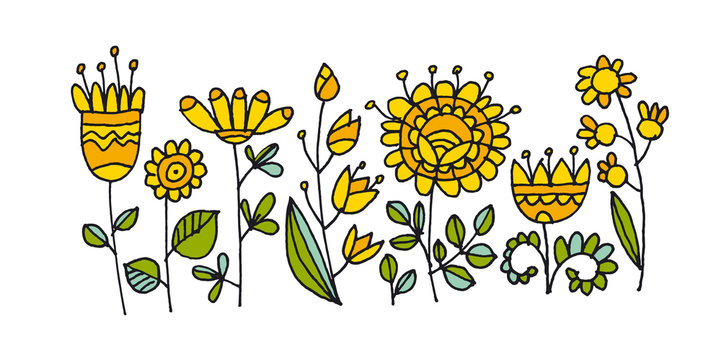 Abstract flowers hand drawn color illustration