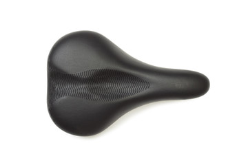 Black leather bicycle saddle isolated on white background. Top view.