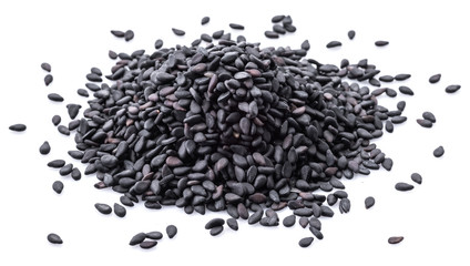 Black sesame seeds isolated on white background.