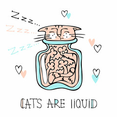 Funny cute cat sleeping in a glass jar. Cats are liquid. Lettering. Vector. © Olga