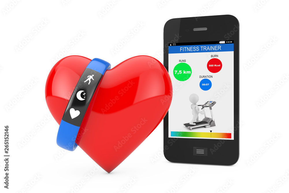 Poster blue fitness tracker bracelet with red heart and mobile phone with fitness application. 3d rendering
