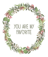 Wreath with flowers and leaves isolated on white background. Branches, brunia, eucalyptus, leucadendron, gaultheria, salal, jatropha. Invitations, oval cards. Design elements