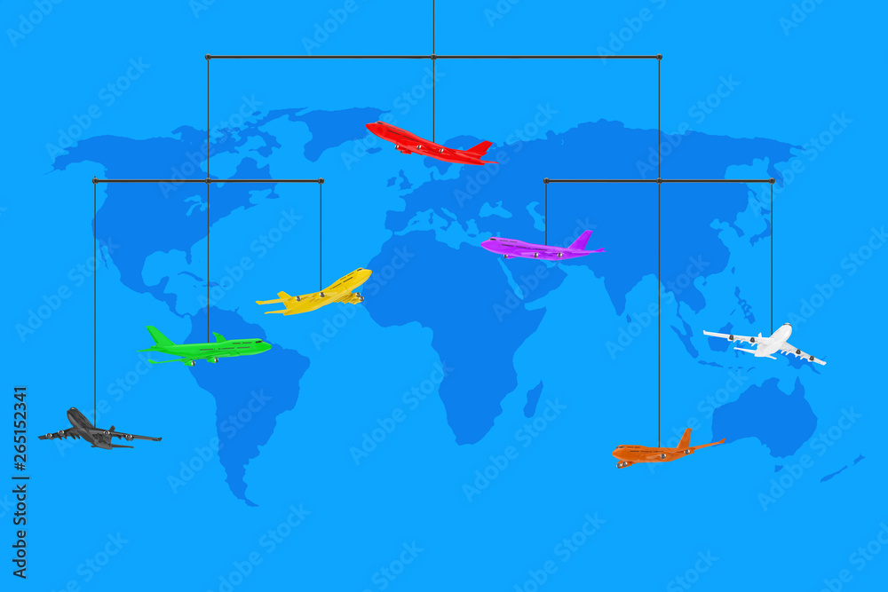 Poster set of colorful jet passenger's airplanes rope hanging. 3d rendering