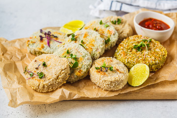 Vegan cutlets (burgers) of lentils, chickpeas and beans. Healthy vegan food concept, detox dish, plant based diet.
