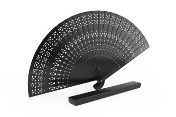 Black Carved Wooden Hand Fan with Case Box. 3d Rendering