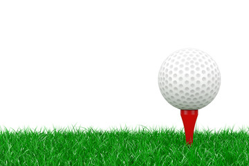 A White Golf Ball on Red Tee in Green Grass. 3d Rendering