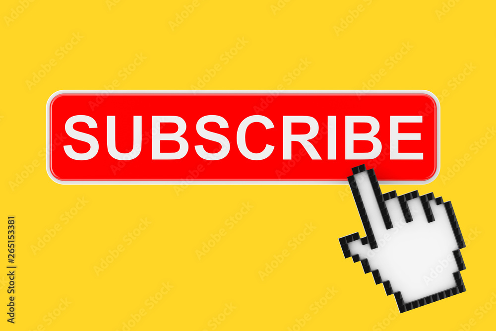 Leinwandbilder subscribe button with pixel icon hand. 3d rendering