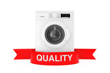 Modern Washing Machine with Red Ribbon Quality Sign. 3d Rendering