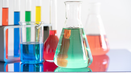 flasks and test tubes in a chemistry lab