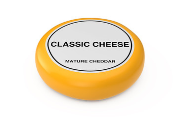 Yellow Wheel of Wax Cheese with Label. 3d Rendering