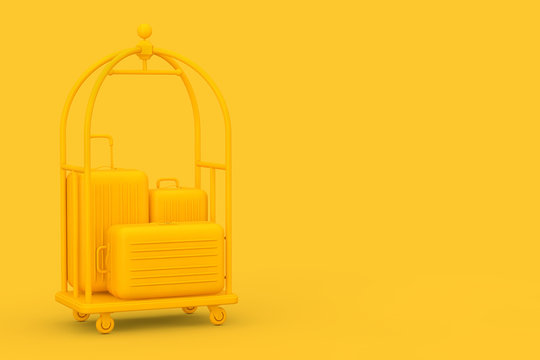 Yellow Large Polycarbonate Suitcases In Yellow Luxury Hotel Luggage Trolley Cart. 3d Rendering