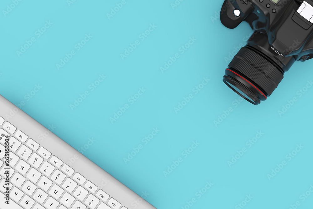 Poster Modern Digital Photo Camera with Computer Keyboard. 3d Rendering