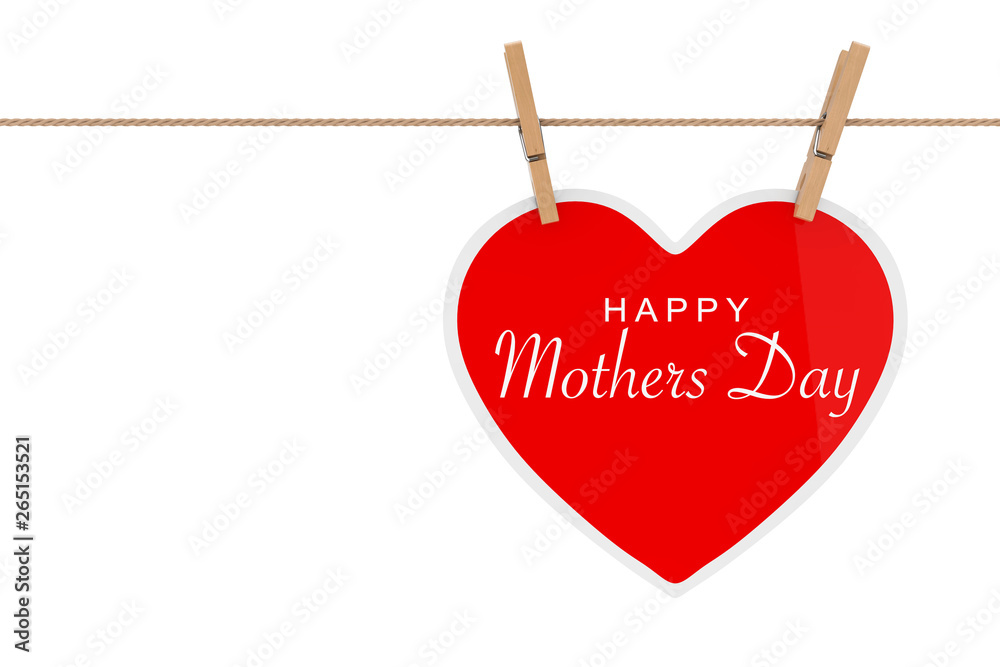 Aufkleber red paper heart with happy mothers day sign hanging on a rope. 3d rendering