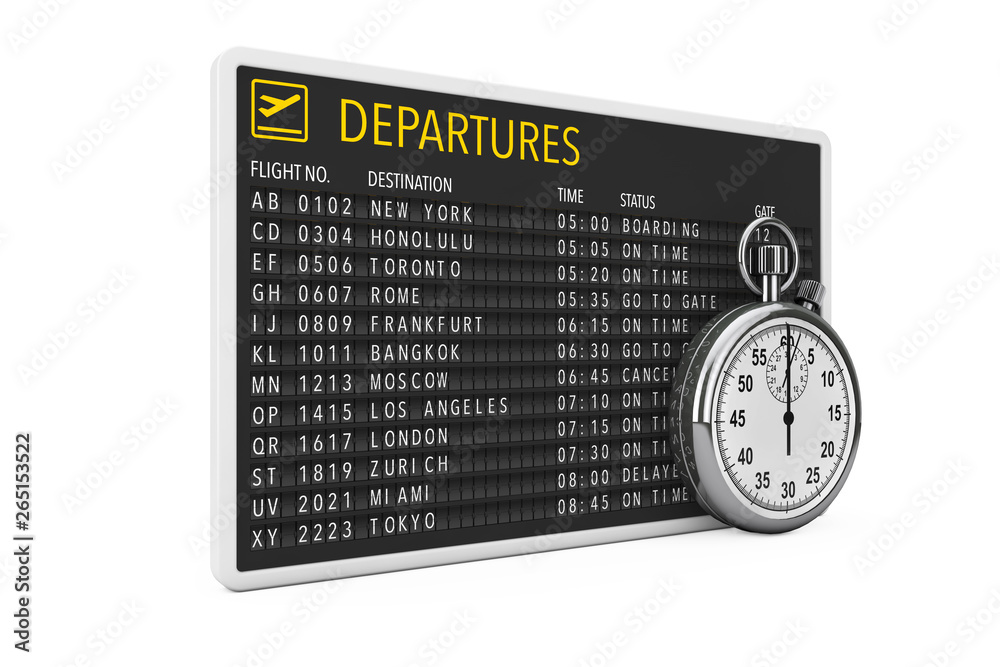 Poster in time fly concept. airport departures table board with stopwatch. 3d rendering