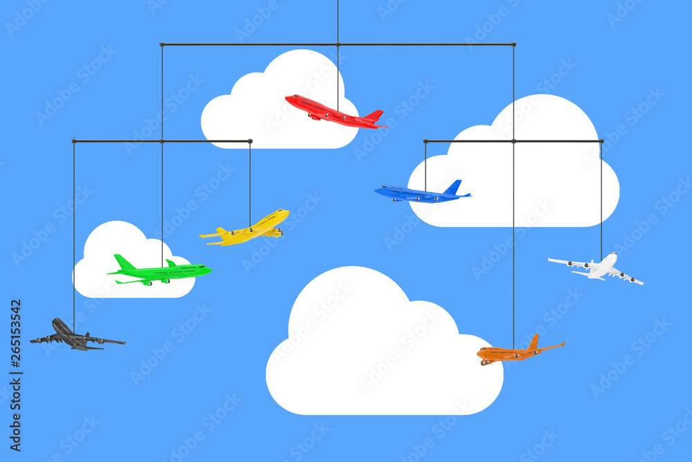 Poster set of colorful jet passenger's airplanes rope hanging. 3d rendering
