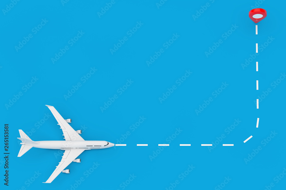 Poster White Jet Passenger's Airplane Fly to Map Pointer Pin. 3d Rendering