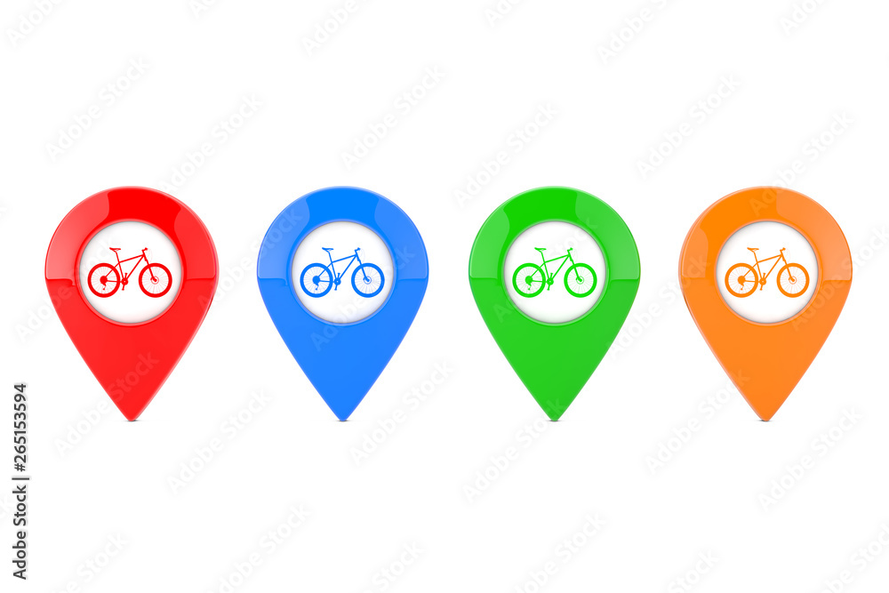 Poster set of colorful map pointer pins with bicycle icon. 3d rendering