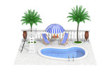 Vacation Concept. Isometric Water Pool, Mini Bar and Palms. 3d Rendering