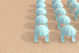 Rows of Striped Blue Beach Chairs with Umbrellas on a Beach Sand. 3d Rendering