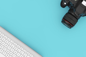 Modern Digital Photo Camera with Computer Keyboard. 3d Rendering