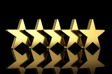 Five Golden Stars with Reflections. 3d Rendering