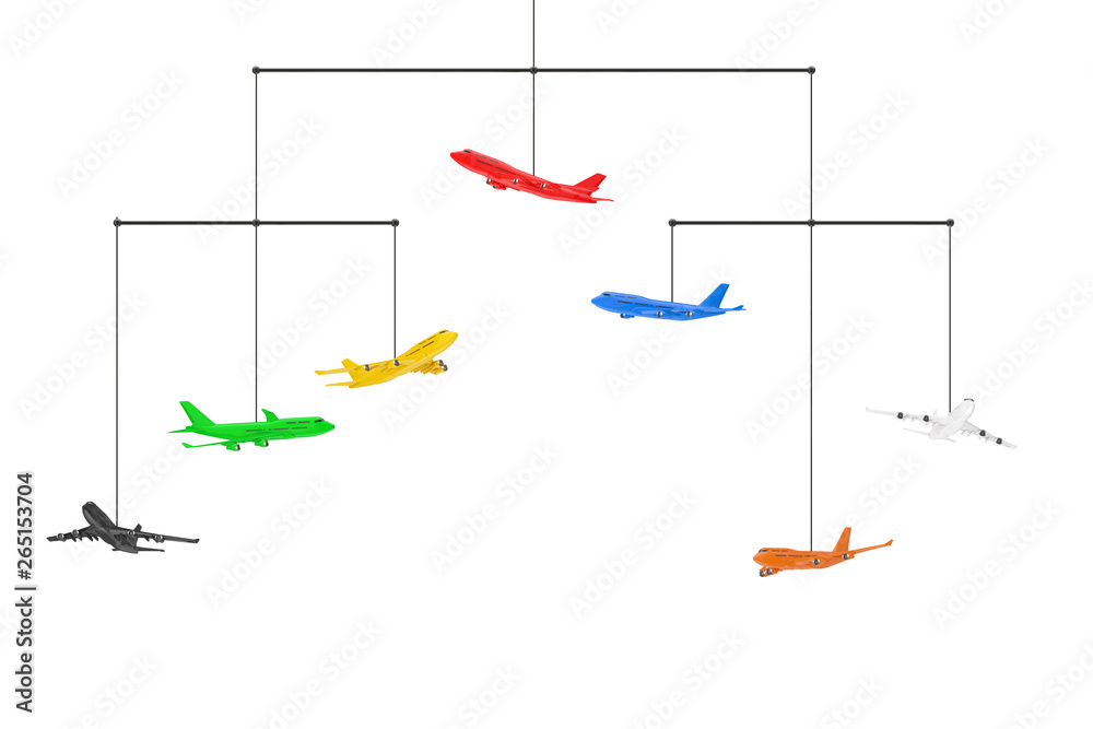 Poster set of colorful jet passenger's airplanes rope hanging. 3d rendering