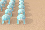 Rows of Striped Blue Beach Chairs with Umbrellas on a Beach Sand. 3d Rendering