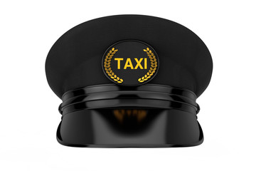 Black Taxi Driver Cap with Goldan Cockade and Taxi Sign. 3d Rendering