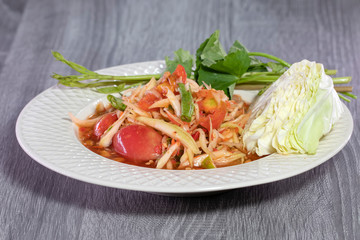 Somtam or papaya salad, Thai food. Papaya salad or Thailand name somtam hot and spicy full flavors