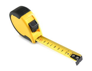 Metal measuring tape on white background. Construction tool