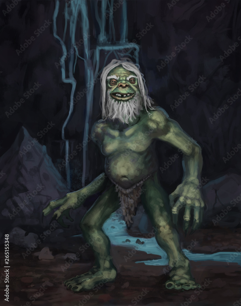 Wall mural green goblin creature in his underground cave environment in front of a stream - digital fantasy pai