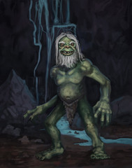 Fototapeta na wymiar Green goblin creature in his underground cave environment in front of a stream - digital fantasy painting