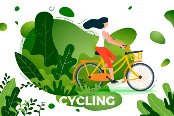 Vector illustration - bicycle riding girl. Park, forest, trees and hills on background. Banner, site, poster template with place for your text.