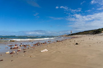 Fototapeta na wymiar Ocean view landscape with sandy beach and lighthouse in the distance