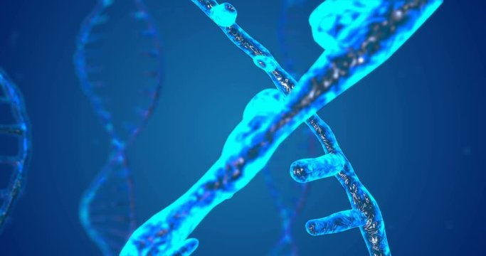 Abstract glittering DNA double helix with depth of field. Animation of DNA construction from debrises. Science animation. Genom futuristic footage. Conceptual design of genetics information. 4k