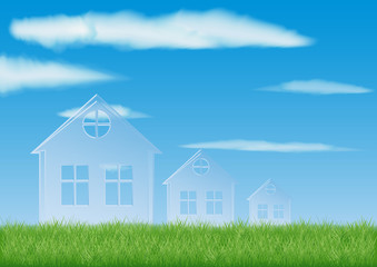 transparent silhouettes of future rural houses on a green meadow. blue sky and white clouds. pattern of building area
