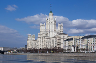 Fototapeta na wymiar Russia, Moscow - April 6, 2019: High-rise on Kotelnicheskaya Embankment