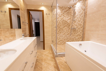 Modern bathroom in neutral colors with a shower and bathtub next to a mirror
