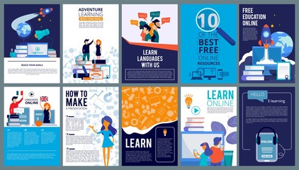 Education online covers. Posters or ads flyer template with educational concept teachers fro internet training courses vector design. Language course poster ad, e-leaning resourse illustration - obrazy, fototapety, plakaty