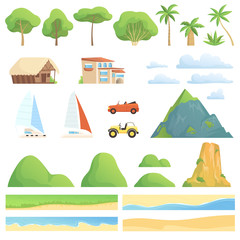 Landscape constructor. Rivers gardens houses transport mountains and hills trees vector cartoon creation kit collection. Constructor of mountain and plant, tree and river illustration
